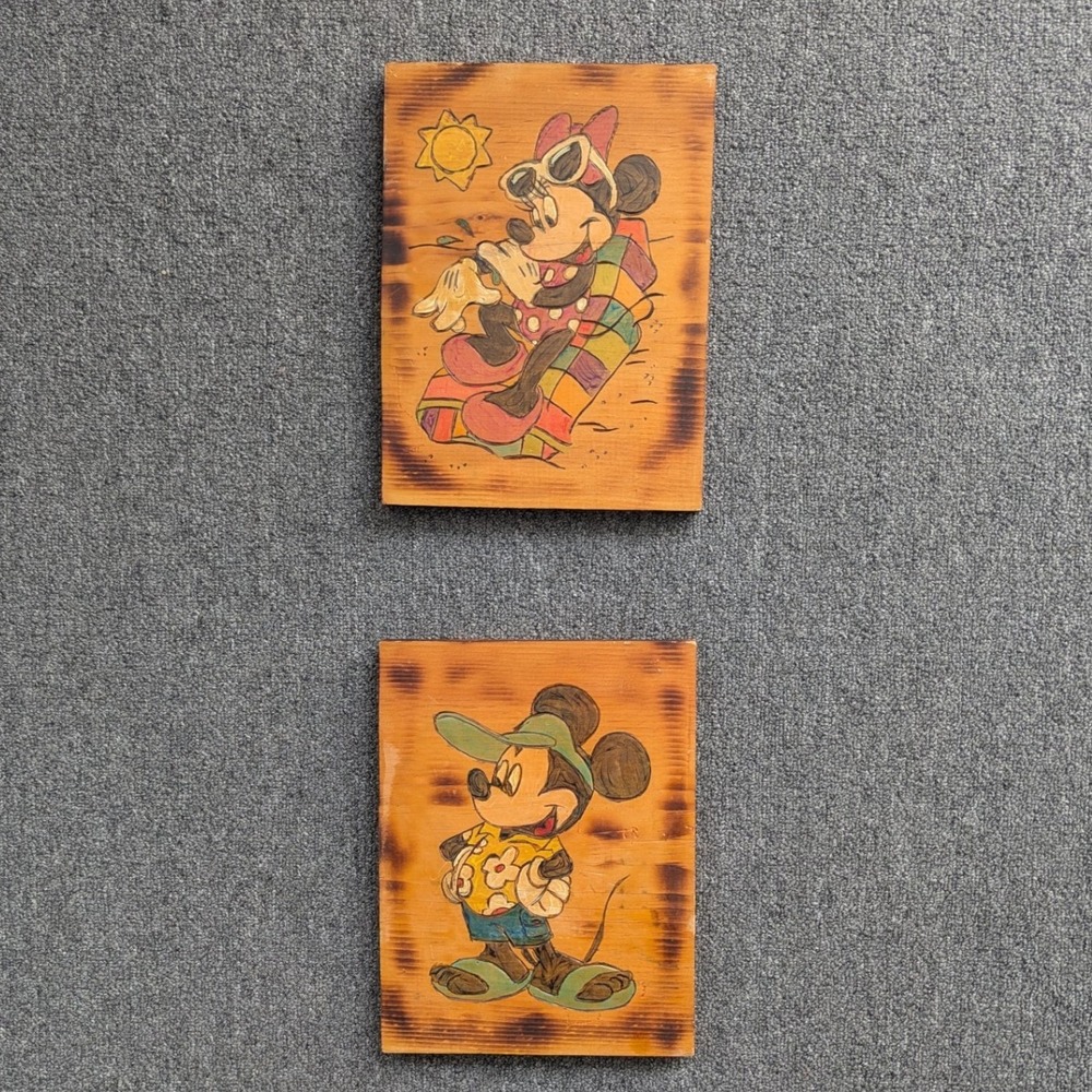 Vtg Disney Wood Wall Art Mickey Minnie Beach Summer Hand Painted Set of 2 Rustic
